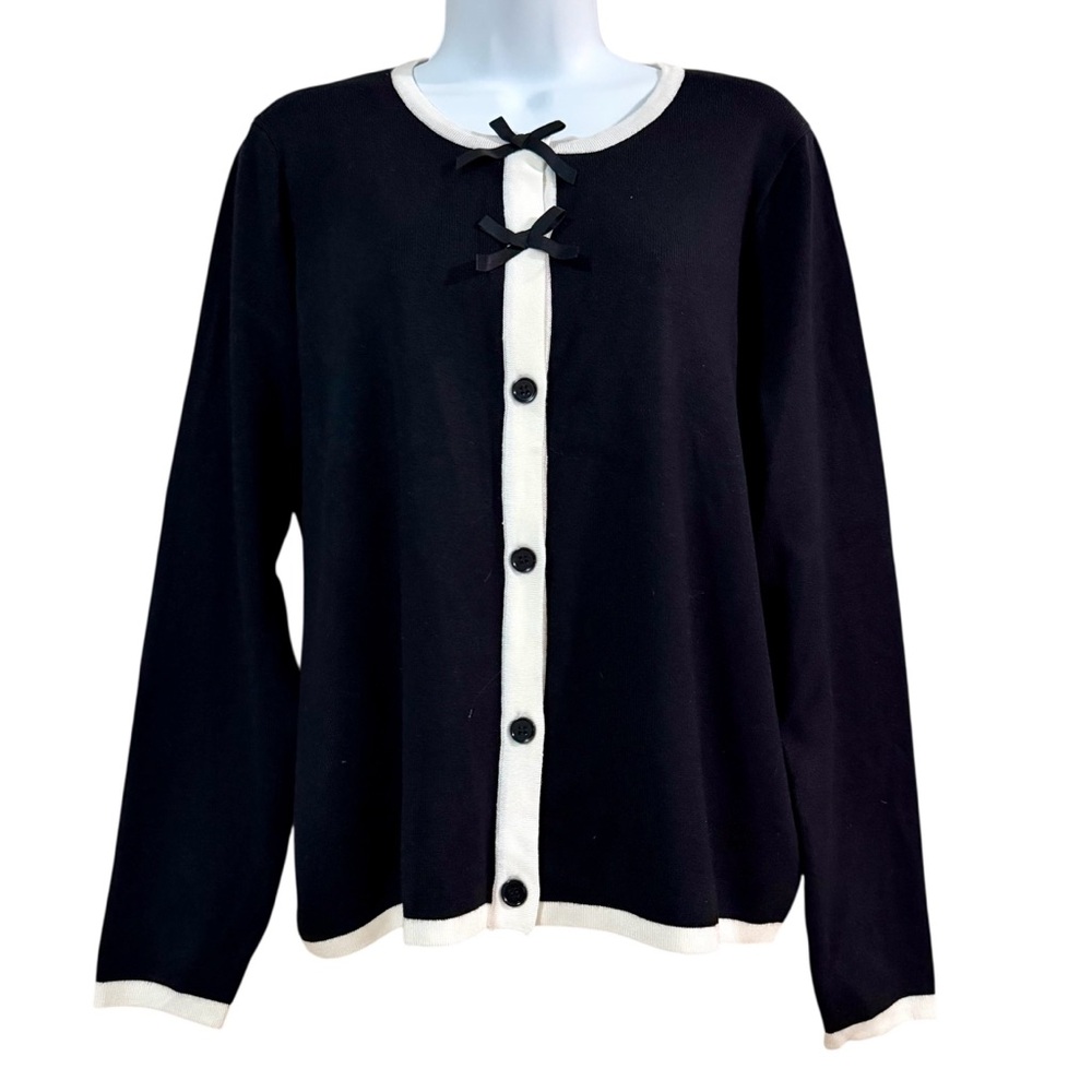 Adrianna Pappel Black Mini Bow Tipped Cardigan Size Large Button Front Layering